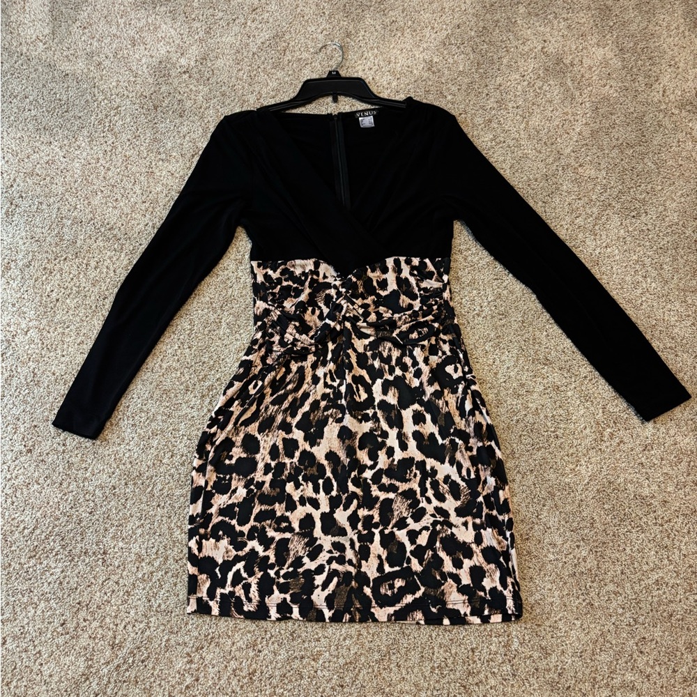 VENUS Long Sleeve Dress with Black and Brown leopard Animal Print